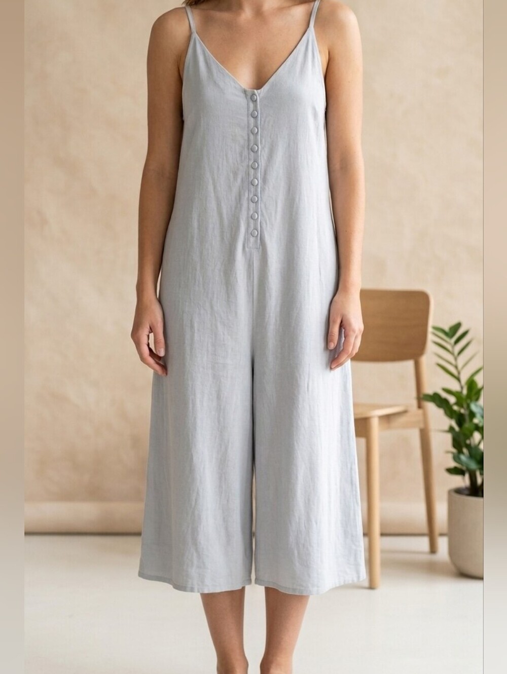 ZARA Light Grey Button Front Wide Leg Cami Jumpsuit Size Small Jumpsuit